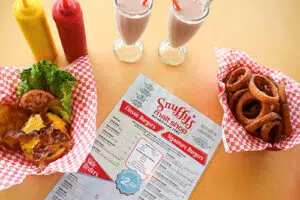 2 milkshakes, a burger, and onion rings at Snuffy's