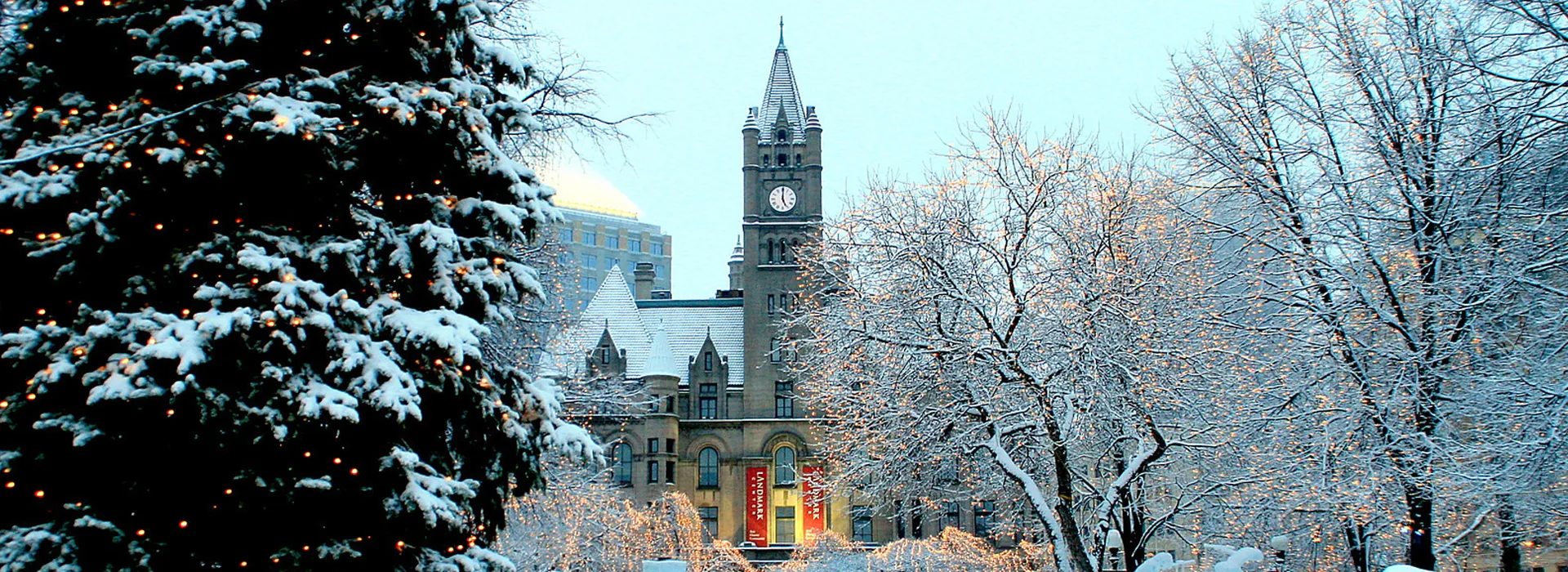 Landmark Center with snowy trees in the foreground