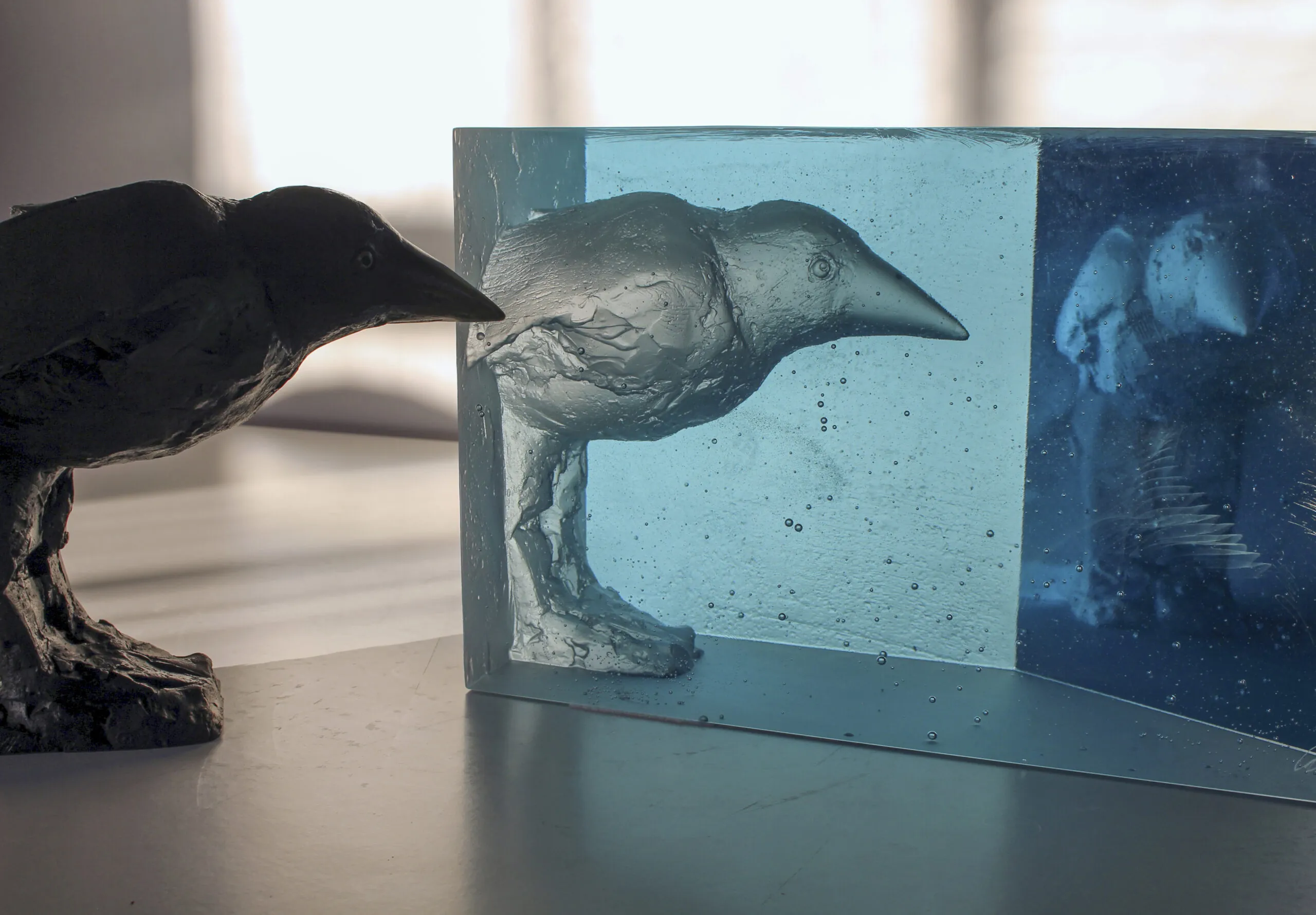 Iron sculpture of a crow looking at a silver crow encased in resin