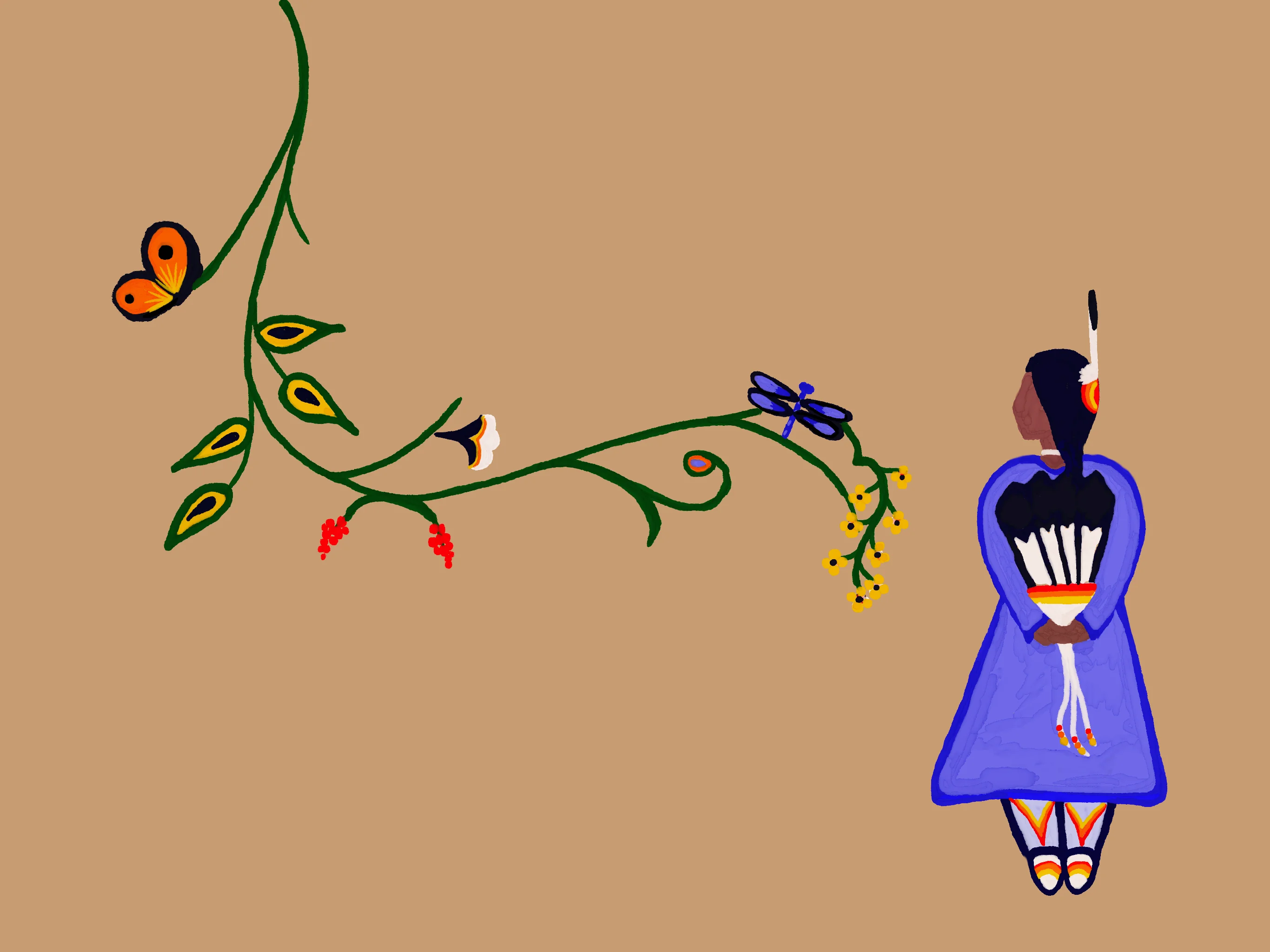 A painting of an indigenous woman looking at a tree branch