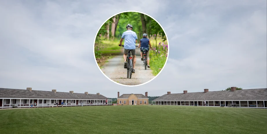 Historic Fort Snelling + inset photo of two bikers