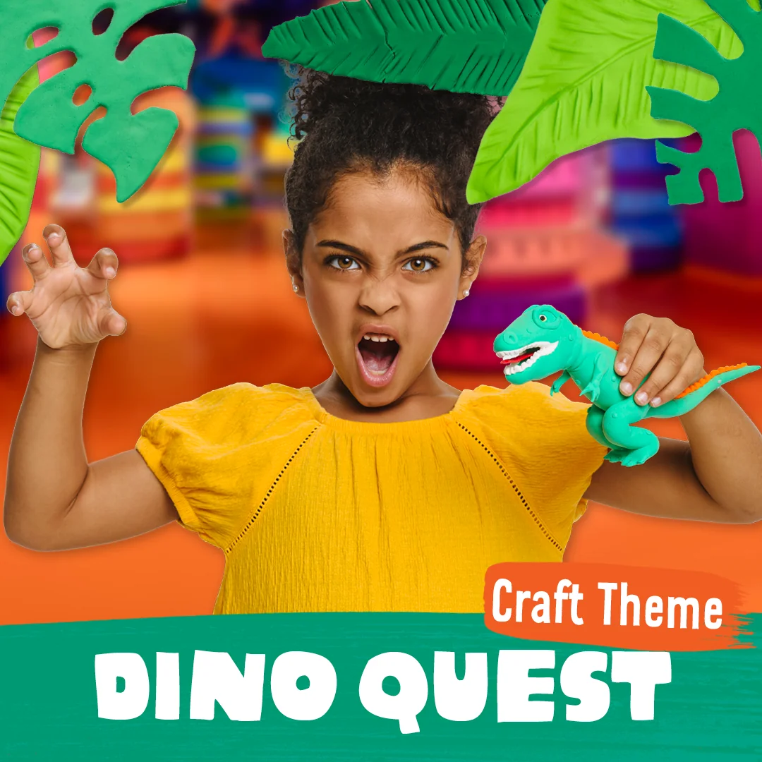 A girl holds up a green dinosaur and makes a growling face