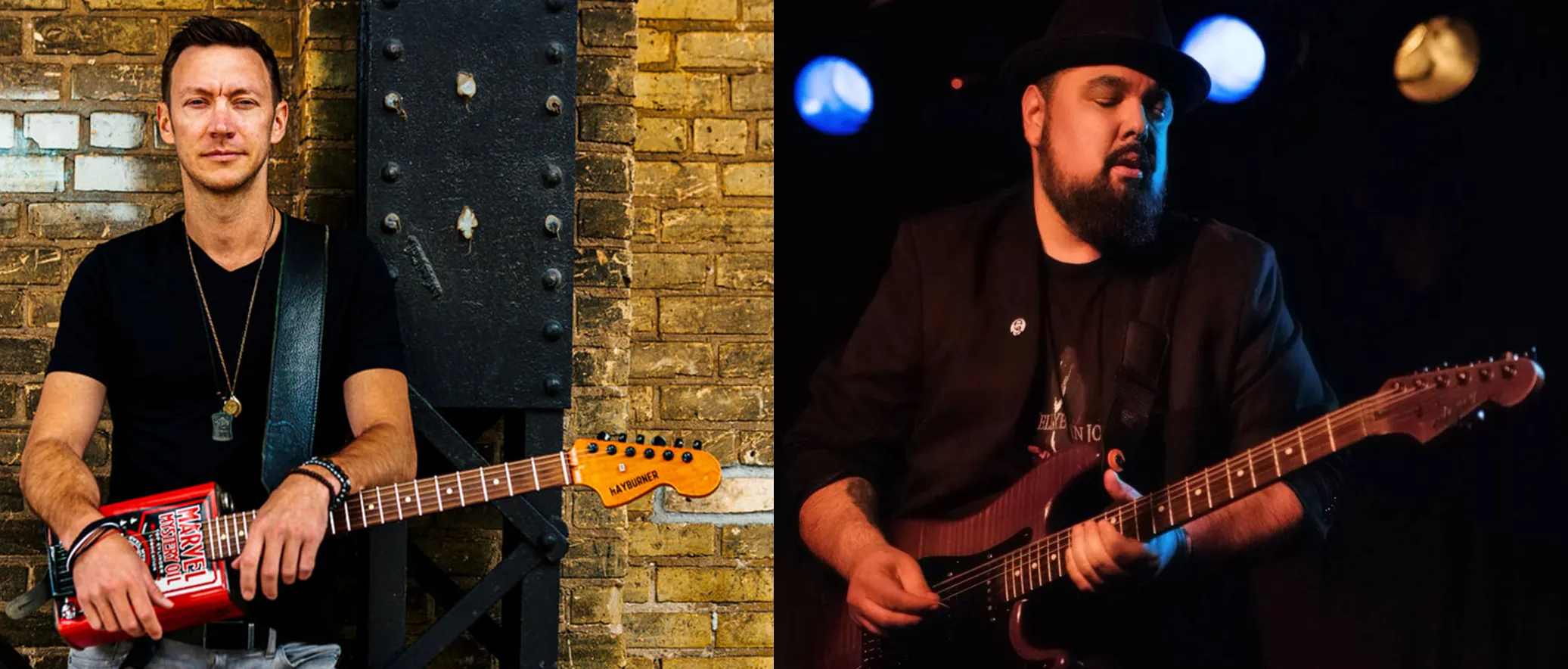 Side-by-side images of men posing with guitars