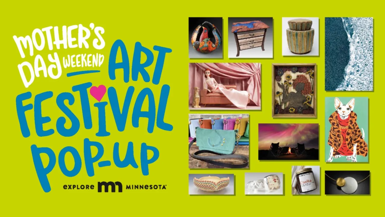A graphic reads Mother's Day Weekend Art Festival Pop-Up alongside photos of art