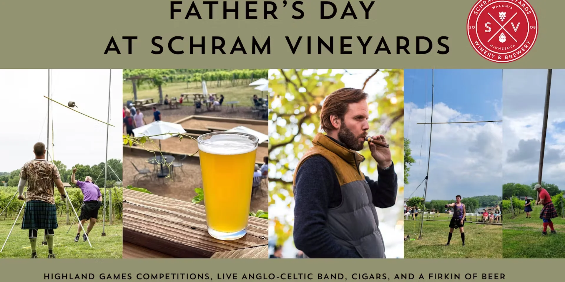 Collage of Highland Games, beer, man smoking a cigar