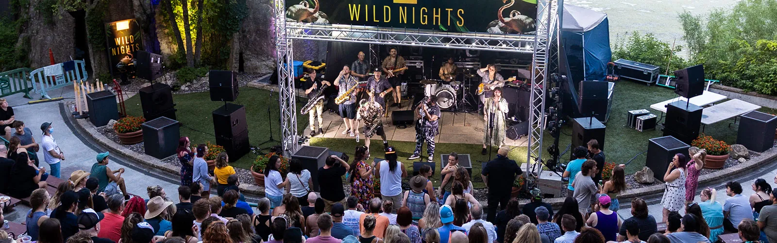 A band performs on a stage in front of a crowd of fans