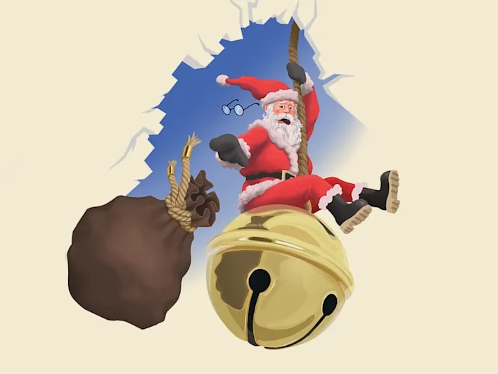 Graphic of Santa on a sleigh bell.