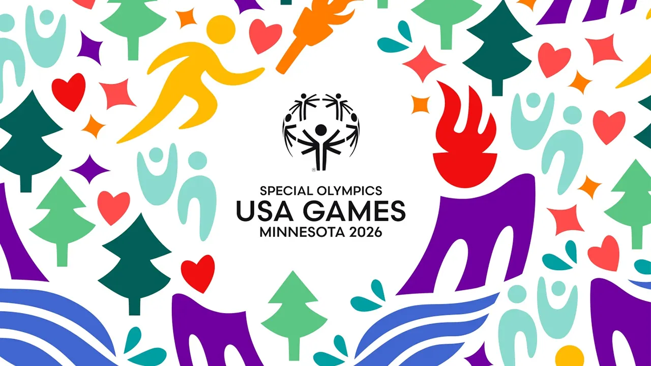 A banner photo with fun and colorful designs. The middle has a logo with text that says Special Olympics USA Games Minnesota 2026.