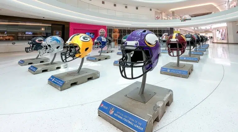 Larger than life NFL helmets in the North Atrium at Mall of America.